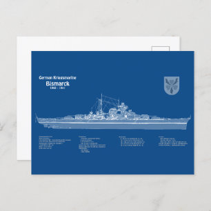 Bismarck - Battleship Blueprint Plans ABD Postcard
