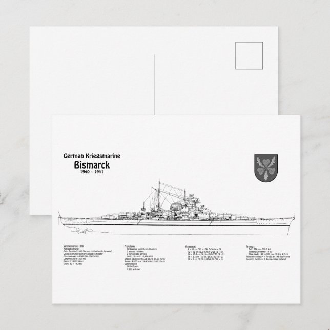 Bismarck - Battleship Blueprint Plans BD Postcard (Front/Back)