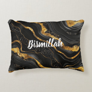 Bismillah Alhamdullilah Gold Black Agate Accent Pillow