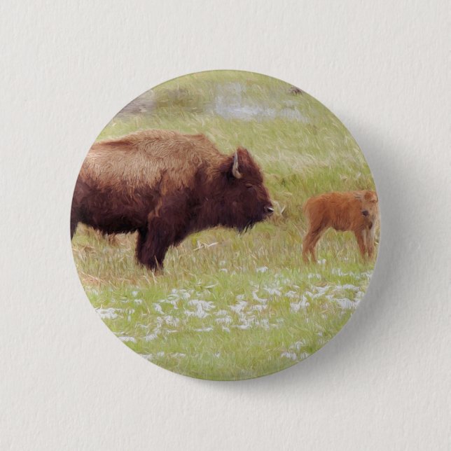 Bison and Calf in Yellowstone 2 Inch Round Button (Front)