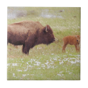 Bison and Calf in Yellowstone Tile