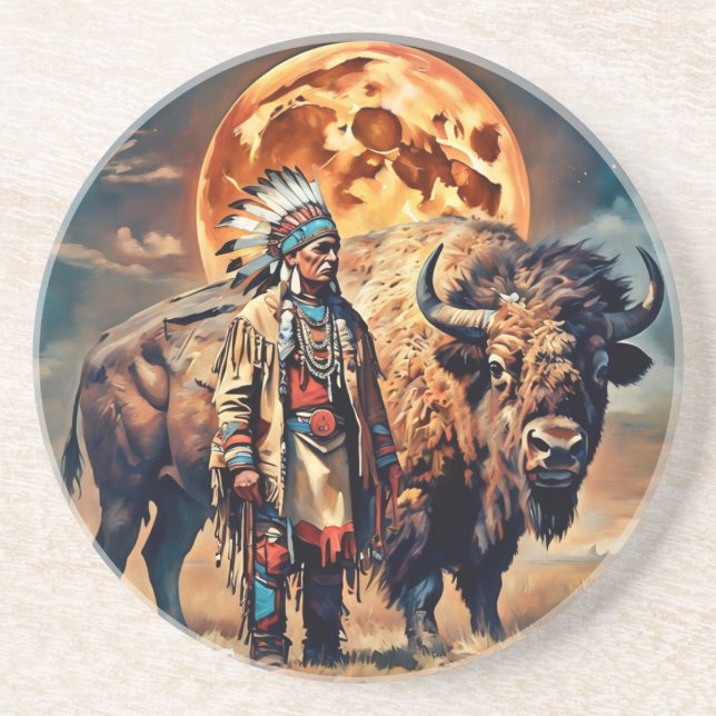 Bison and Native American Chief  Coaster (Front)