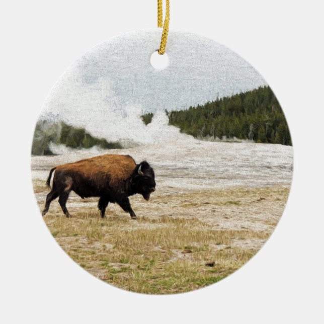 Bison and Old Faithful Ceramic Ornament (Front)