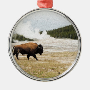 Bison and Old Faithful Metal Ornament