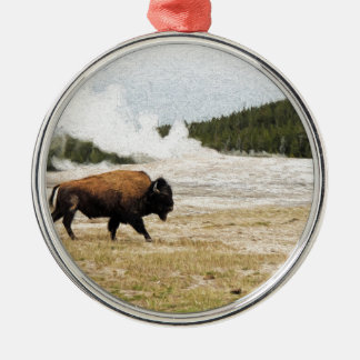Bison and Old Faithful Metal Ornament
