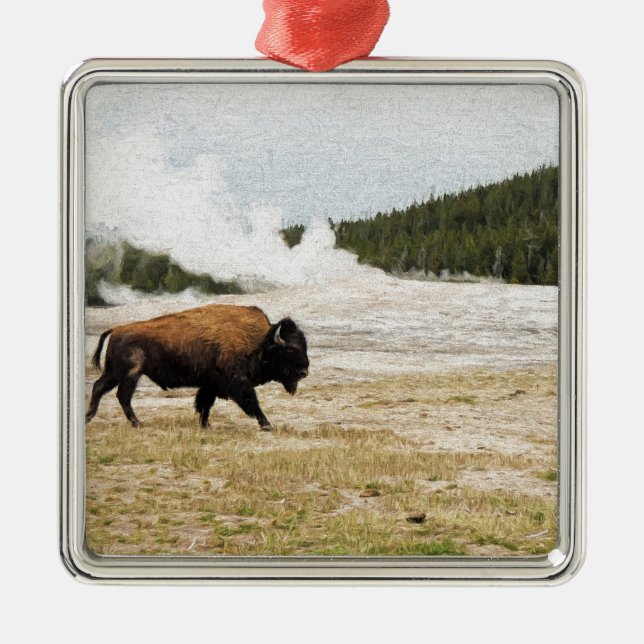 Bison and Old Faithful Metal Ornament (Front)