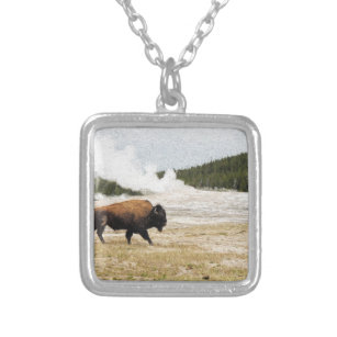 Bison and Old Faithful Silver Plated Necklace