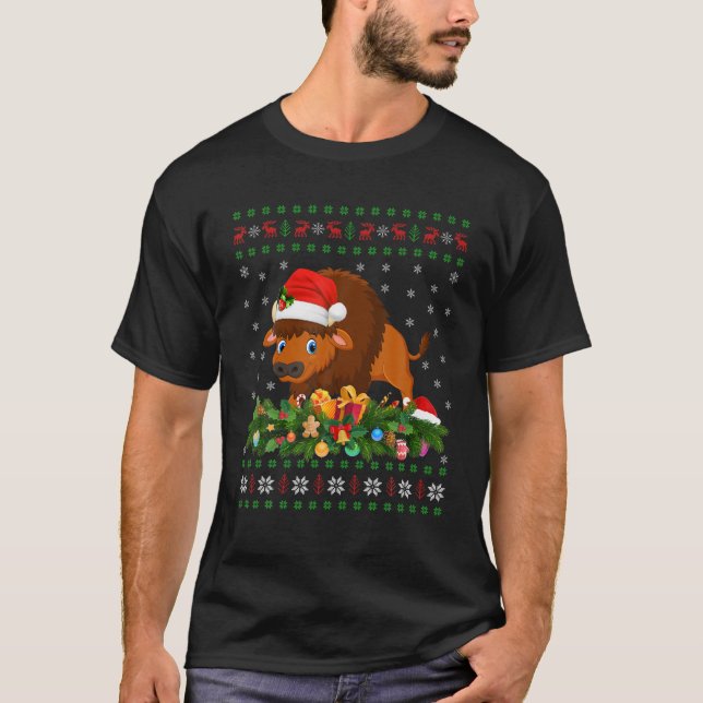 Bison Animal Lover Santa Hat Ugly Bison Christmas T-Shirt (Front)