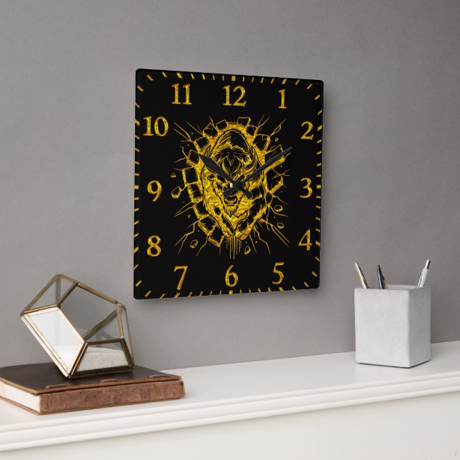 Bison Breaks Through a Wall in a Dynamic Display Square Wall Clock (Office)