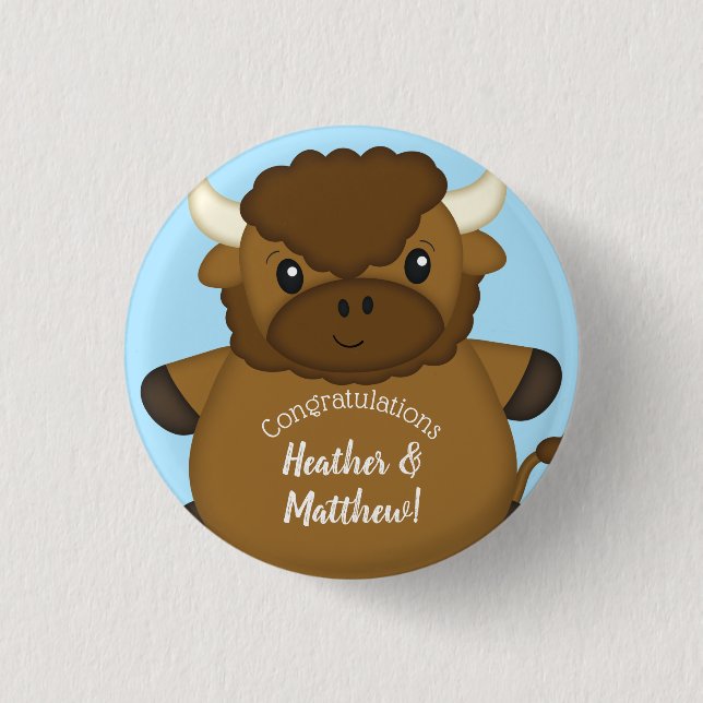 Bison Buffalo Baby Shower Blue 1 Inch Round Button (Front)