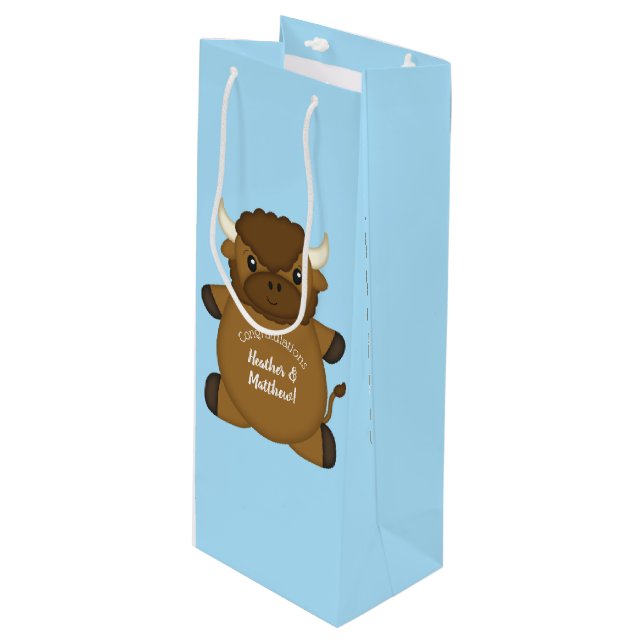 Bison Buffalo Baby Shower Blue Wine Gift Bag (Front Angled)