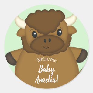 Bison Buffalo Baby Shower Green Classic Round Sticker