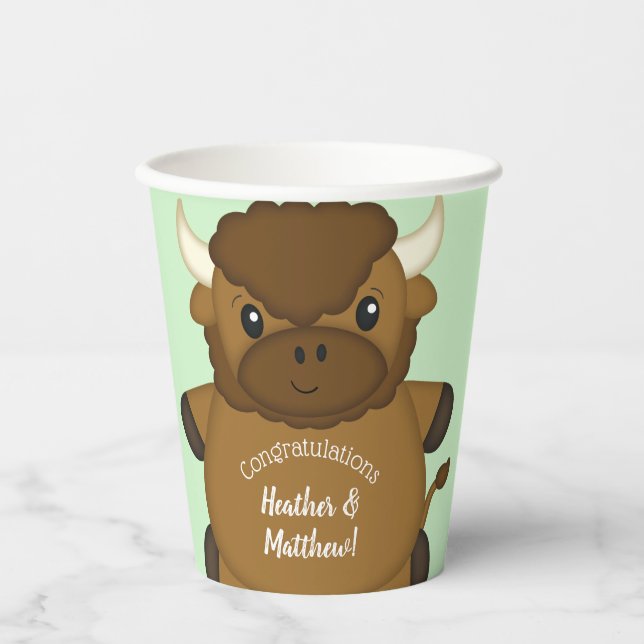 Bison Buffalo Baby Shower Green Paper Cups (Front)