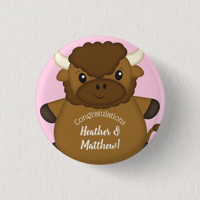 Bison Buffalo Baby Shower Pink 1 Inch Round Button (Front)
