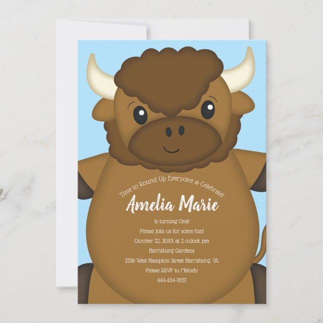 Bison Buffalo Birthday Party Blue Invitation (Front)