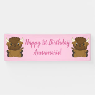 Bison Buffalo Birthday Party Pink Banner