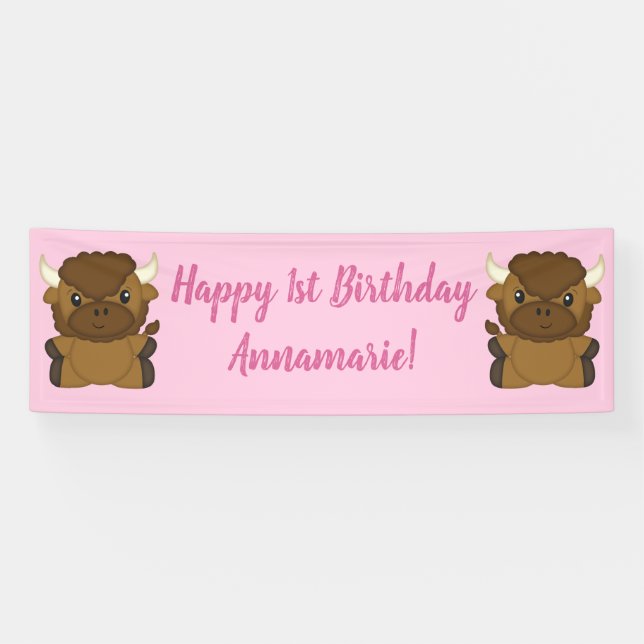 Bison Buffalo Birthday Party Pink Banner (Horizontal)