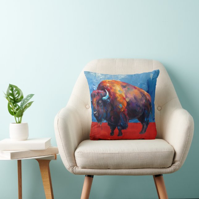 Bison Buffalo Colourful Abstract Modern Painting Throw Pillow (Chair)