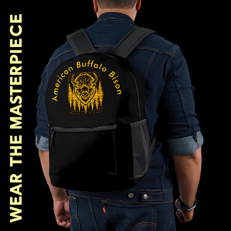 Bison Buffalo Head Illustration Amid Tall Trees Printed Backpack