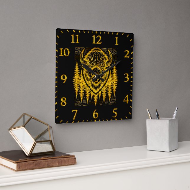 Bison Buffalo Head Illustration Amid Tall Trees Square Wall Clock (Office)