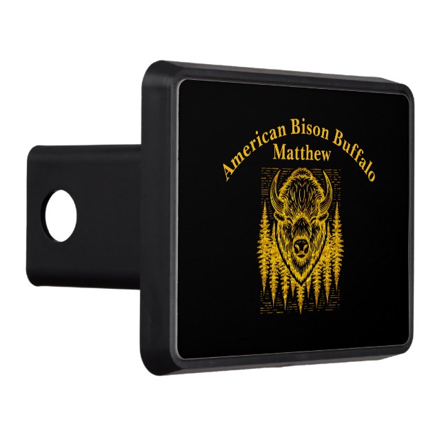Bison Buffalo Head Illustration Amid Tall Trees Trailer Hitch Cover (Right)