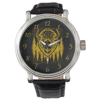 Bison Buffalo Head Illustration Amid Tall Trees Watch