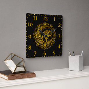 Bison Buffalo in Intricate Floral Design Pattern Square Wall Clock