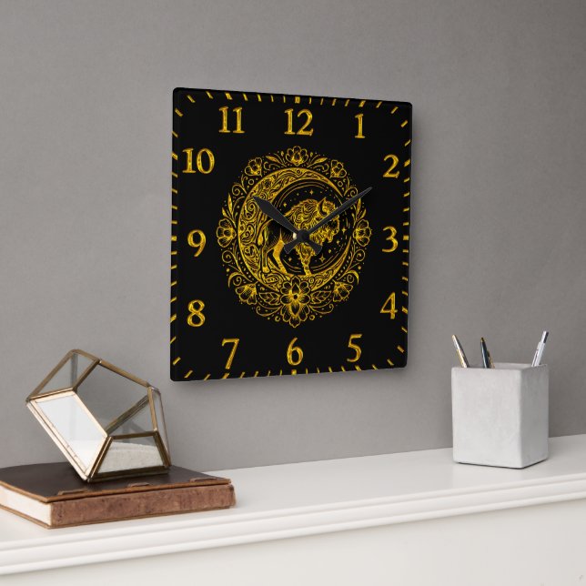 Bison Buffalo in Intricate Floral Design Pattern Square Wall Clock (Office)