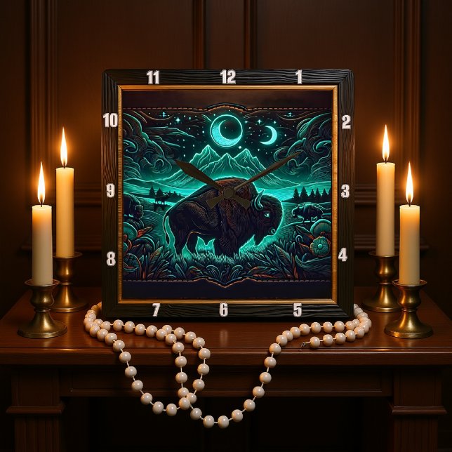 Bison Buffalo Moonlit Neon Bison Square Wall Clock (Creator Uploaded)