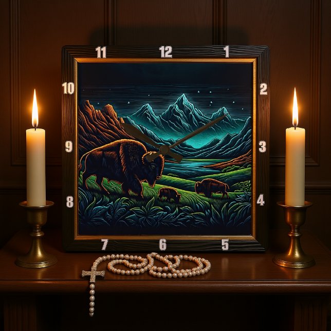 Bison Buffalo Night Bison Journey Square Wall Clock (Creator Uploaded)