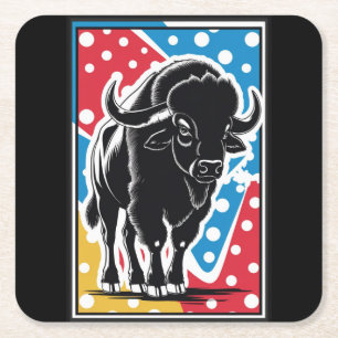 Bison - Buffalo Pop Art Vintage Retro Square Paper Coaster