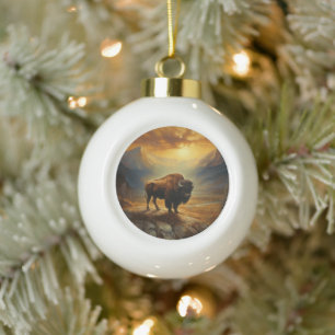 Bison Buffalo Sunset View Ceramic Ball Christmas Ornament