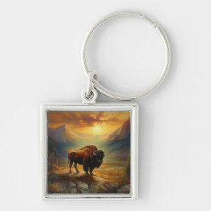 Bison Buffalo Sunset View Painting Keychain