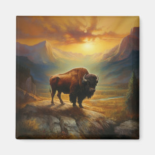 Bison Buffalo Sunset View Painting Magnet