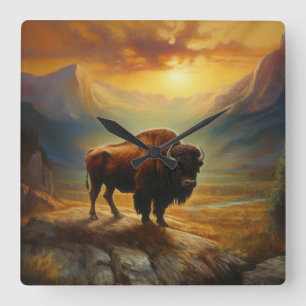 Bison Buffalo Sunset View Painting Square Wall Clock