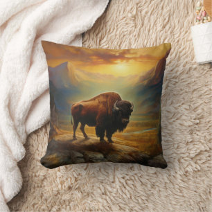 Bison Buffalo Sunset View Painting Throw Pillow