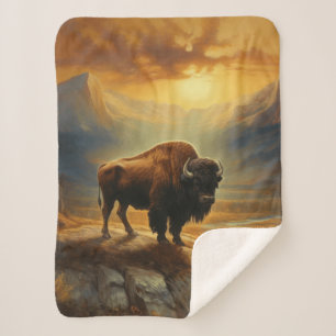 Bison Buffalo Sunset View Sherpa Blanket