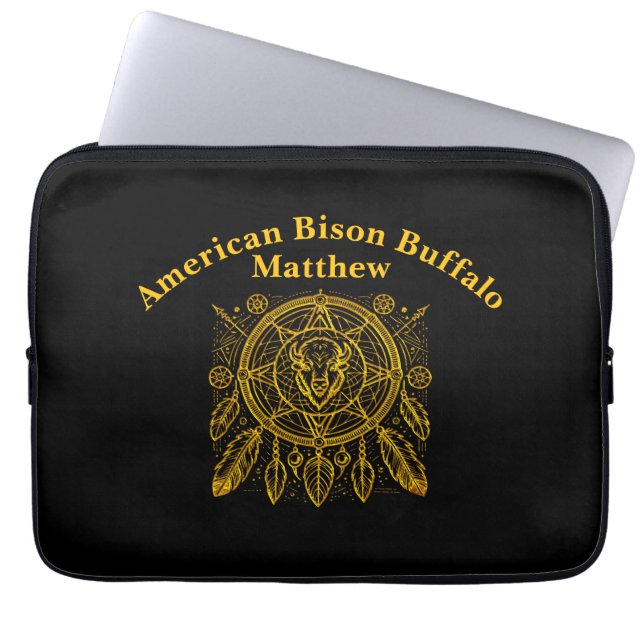 Bison Design With Feathers and Geometric Patterns Laptop Sleeve (Front)