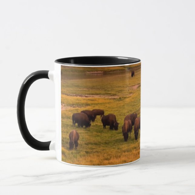 Bison Grazing on Hill at Hayden Valley Mug (Left)