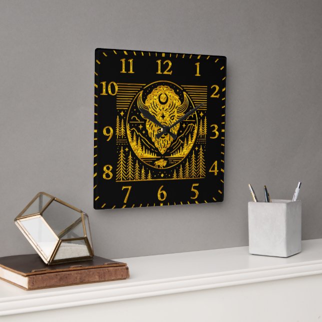 Bison Head Silhouette Against Mountain Background Square Wall Clock (Office)