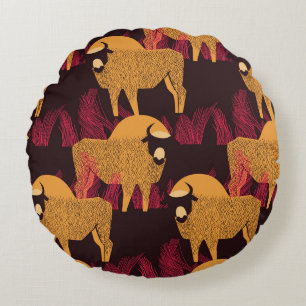 Bison High Grass: Field Pattern. Round Pillow