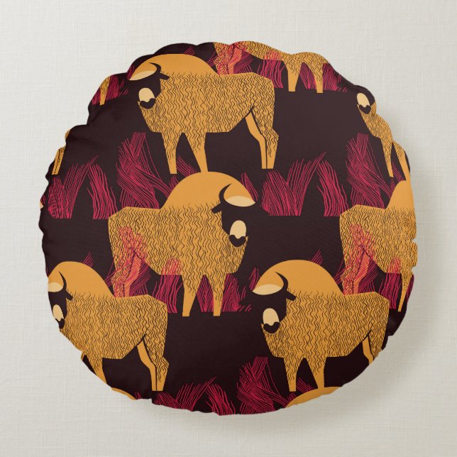Bison High Grass: Field Pattern. Round Pillow (Front)