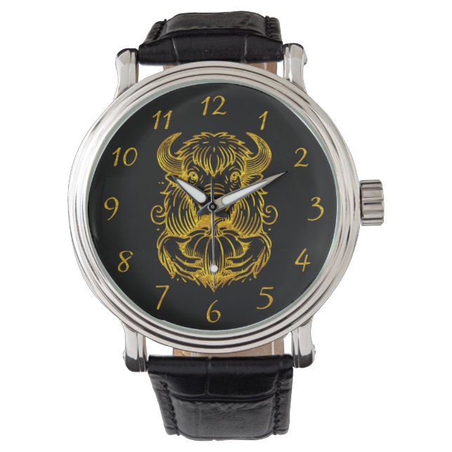 Bison Holding a Pumpkin in Detailed Illustration Watch (Front)