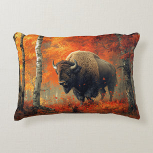 Bison in the Autumn Woods Artwork Accent Pillow