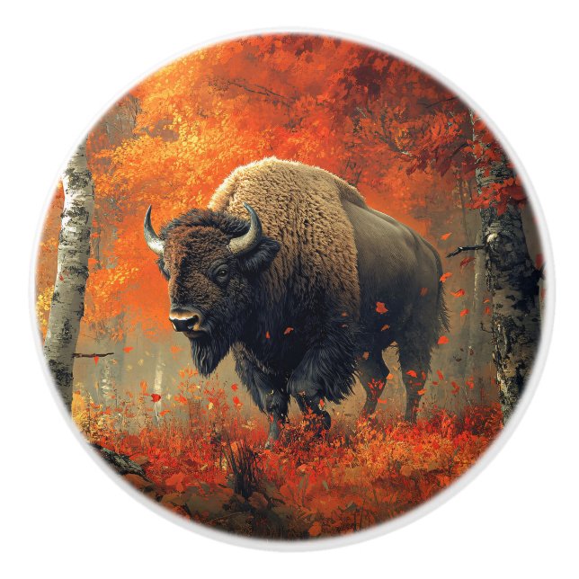 Bison in the Autumn Woods Artwork Ceramic Knob (Front)