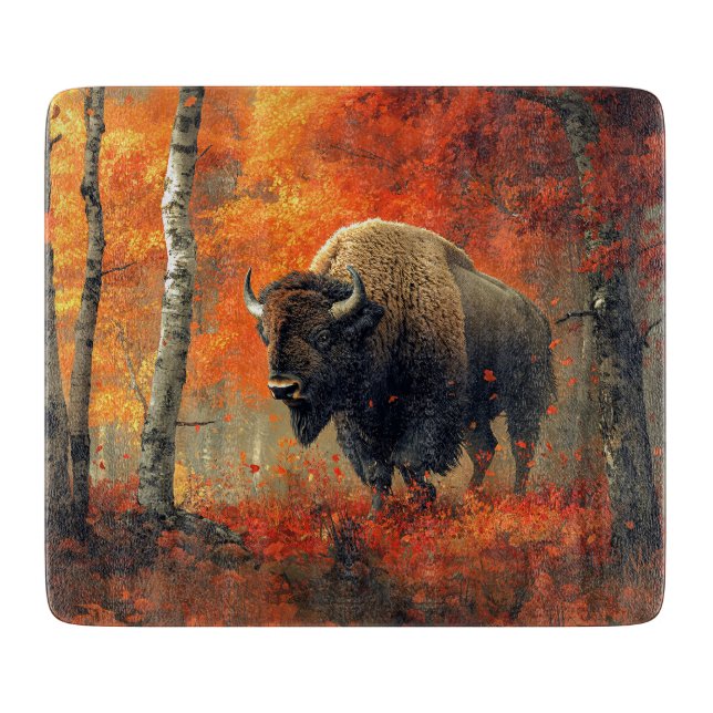 Bison in the Autumn Woods Artwork Cutting Board (Front)