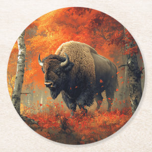 Bison in the Autumn Woods Artwork Round Paper Coaster
