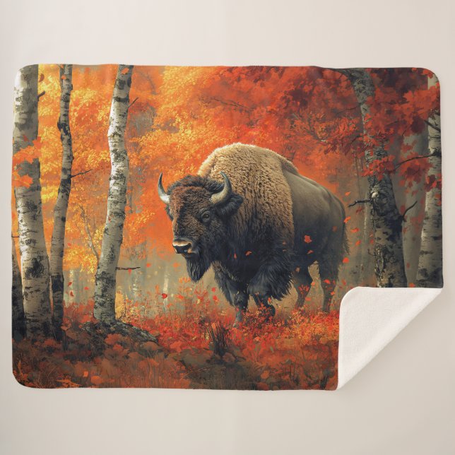 Bison in the Autumn Woods Artwork Sherpa Blanket (Front (Horizontal))