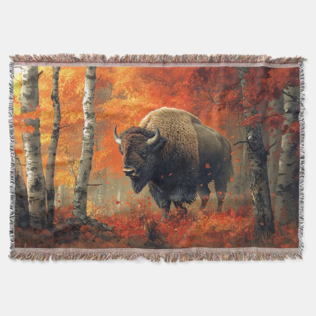 Bison in the Autumn Woods Artwork Throw Blanket (Front)