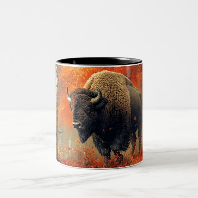 Bison in the Autumn Woods Artwork Two-Tone Coffee Mug (Center)